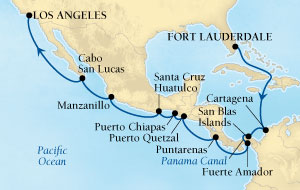 Cruises Around The World Seabourn Odyssey Cruise Map Detail Fort Lauderdale, Florida, US to Los Angeles, California, US December 15 2024 January 4 2025 - 20 Days - Voyage 4574