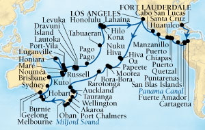 Cruises Around The World Seabourn Odyssey Cruise Map Detail Fort Lauderdale, Florida, US to Los Angeles, California, US December 15 2024 March 21 2025 - 97 Days - Voyage 4574C