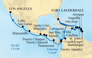 LUXURY CRUISES - Penthouse, Veranda, Balconies, Windows and Suites Seabourn Odyssey Cruise Map Detail Fort Lauderdale, Florida, US to Los Angeles, California, US December 3 2021 January 4 2022  - 32 Days - Voyage 4569A
