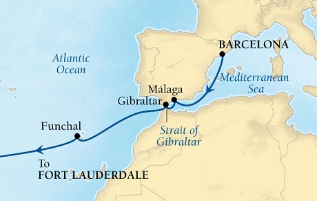Cruises Around The World Seabourn Odyssey Cruise Map Detail Barcelona, Spain to Fort Lauderdale, Florida, US October 13-28 2024 - 15 Days - Voyage 4563