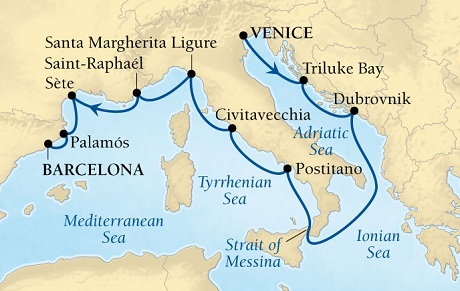 Cruises Around The World Seabourn Odyssey Cruise Map Detail Venice, Italy to Barcelona, Spain October 3-13 2024 - 10 Days - Voyage 4562