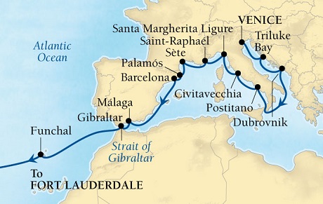 LUXURY CRUISES - Penthouse, Veranda, Balconies, Windows and Suites Seabourn Odyssey Cruise Map Detail Venice, Italy to Fort Lauderdale, Florida, US October 3-28 2021 - 25 Days - Voyage 4562A