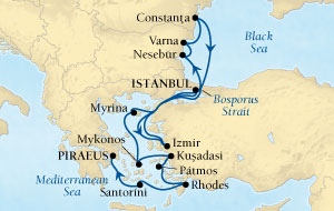 LUXURY CRUISES - Penthouse, Veranda, Balconies, Windows and Suites Seabourn Odyssey Cruise Map Detail Istanbul, Turkey to Istanbul, Turkey September 12-19 2021 - 7 Days - Voyage 4555