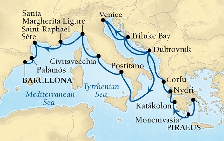 LUXURY CRUISES - Penthouse, Veranda, Balconies, Windows and Suites Seabourn Odyssey Cruise Map Detail Piraeus (Athens), Greece to Barcelona, Spain September 26 October 13 2021 - 17 Days - Voyage 4560A