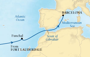 LUXURY CRUISES - Penthouse, Veranda, Balconies, Windows and Suites Seabourn Odyssey Cruise Map Detail Fort Lauderdale, Florida, US to Barcelona, Spain April 10-24 2022 - 14 Days - Voyage 4620