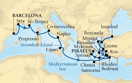 LUXURY CRUISES - Penthouse, Veranda, Balconies, Windows and Suites Seabourn Odyssey Cruise Map Detail Barcelona, Spain to Piraeus (Athens), Greece April 24 May 14 2022 - 20 Days - Voyage 4622A