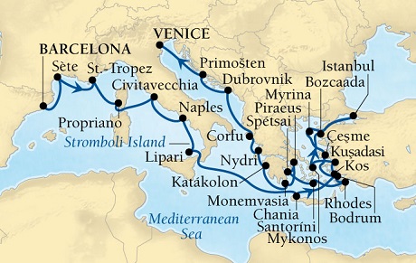 Cruises Around The World Seabourn Odyssey Cruise Map Detail Barcelona, Spain to Venice, Italy April 24 May 21 2025 - 27 Days - Voyage 4622B