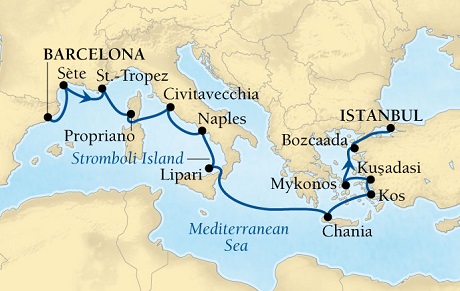 LUXURY CRUISES - Penthouse, Veranda, Balconies, Windows and Suites Seabourn Odyssey Cruise Map Detail Barcelona, Spain to Istanbul, Turkey April 24 May 7 2022 - 13 Days - Voyage 4622