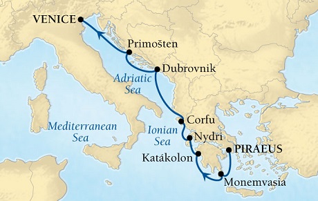 LUXURY CRUISES - Penthouse, Veranda, Balconies, Windows and Suites Seabourn Odyssey Cruise Map Detail Venice, Italy to Piraeus (Athens), Greece August 13-20 2022 - 7 Days - Voyage 4646