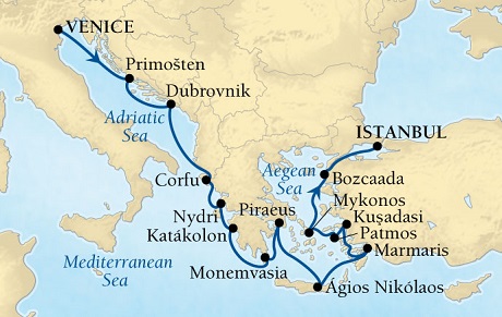 Cruises Around The World Seabourn Odyssey Cruise Map Detail Venice, Italy to Istanbul, Turkey August 13-27 2025 - 14 Days - Voyage 4646A