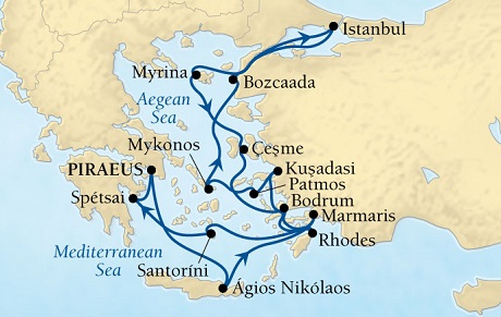 LUXURY CRUISES - Penthouse, Veranda, Balconies, Windows and Suites Seabourn Odyssey Cruise Map Detail Piraeus (Athens), Greece to Piraeus (Athens), Greece August 20 September 3 2022 - 14 Days - Voyage 4650A