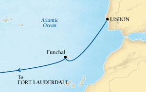 LUXURY CRUISES - Penthouse, Veranda, Balconies, Windows and Suites Seabourn Odyssey Cruise Map Detail Lisbon, Portugal to Fort Lauderdale, Florida, US December 7-19 2022 - 12 Days - Voyage 4676