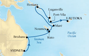 Cruises Around The World Seabourn Odyssey Cruise Map Detail Sydney, Australia to Lautoka, Fiji February 13-28 2025 - 15 Days - Voyage 4512