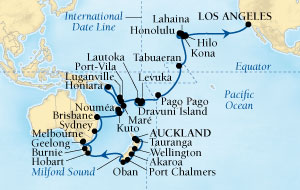 LUXURY CRUISES - Penthouse, Veranda, Balconies, Windows and Suites Seabourn Odyssey Cruise Map Detail Auckland, New Zealand to Los Angeles, California, US January 27 March 21 2022 - 55 Days - Voyage 4611A