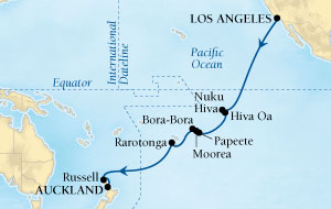 Cruises Around The World Seabourn Odyssey Cruise Map Detail Los Angeles, California, US to Auckland, New Zealand January 4-27 2025 - 22 Days - Voyage 4610