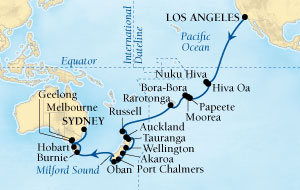 Seabourn Odyssey Cruise Map Detail Los Angeles, California, US to Sydney, Australia January 4 February 13 2016 - 39 Days - Voyage 4610A
