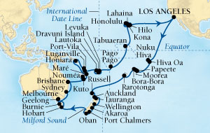 Cruises Around The World Seabourn Odyssey Cruise Map Detail Los Angeles, California, US to Los Angeles, California, US January 4 March 21 2025 - 77 Days - Voyage 4610B