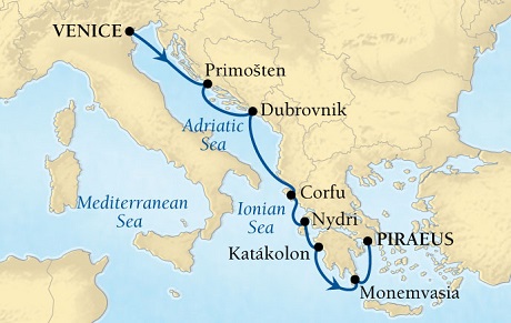 Cruises Around The World Seabourn Odyssey Cruise Map Detail Venice, Italy to Piraeus (Athens), Greece July 16-23 2025 - 7 Days - Voyage 4639