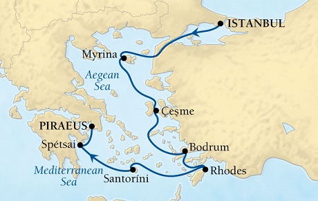 Cruises Around The World Seabourn Odyssey Cruise Map Detail Istanbul, Turkey to Piraeus (Athens), Greece July 2-9 2025 - 7 Days - Voyage 4637