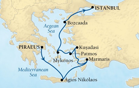 Cruises Around The World Seabourn Odyssey Cruise Map Detail Piraeus (Athens), Greece to Istanbul, Turkey July 23-30 2025 - 7 Days - Voyage 4643