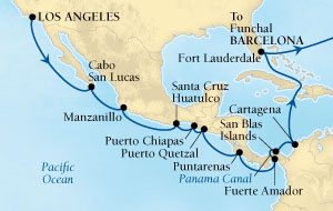 LUXURY CRUISES - Penthouse, Veranda, Balconies, Windows and Suites Seabourn Odyssey Cruise Map Detail Los Angeles, California, US to Barcelona, Spain March 21 April 24 2022 - 34 Days - Voyage 4618A