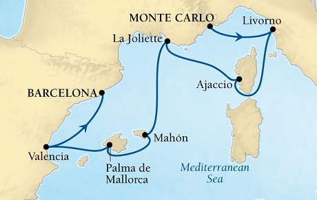 Seabourn Odyssey Cruise Map Detail Monte Carlo, Monaco to Barcelona, Spain November 16-23 2016 - 7 Days - Voyage 4672