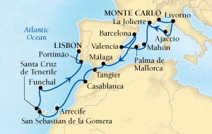 Cruises Around The World Seabourn Odyssey Cruise Map Detail Monte Carlo, Monaco to Lisbon, Portugal November 16 December 7 2025 - 21 Days - Voyage 4672C