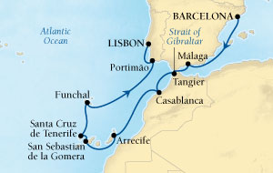 LUXURY CRUISES - Penthouse, Veranda, Balconies, Windows and Suites Seabourn Odyssey Cruise Map Detail Barcelona, Spain to Lisbon, Portugal November 23 December 7 2022 - 14 Days - Voyage 4675