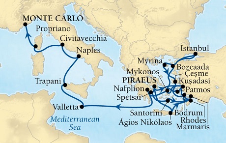 Cruises Around The World Seabourn Odyssey Cruise Map Detail Piraeus (Athens), Greece to Monte Carlo, Monaco October 15 November 8 2025 - 24 Days - Voyage 4664B