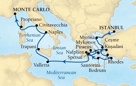 Seabourn Odyssey Cruise Map Detail Istanbul, Turkey to Monte Carlo, Monaco October22 November 8 2016 - 17 Days - Voyage 4665A