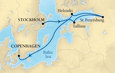 LUXURY CRUISES - Penthouse, Veranda, Balconies, Windows and Suites Seabourn Quest Cruise Map Detail Stockholm, Sweden to Copenhagen, Denmark August 1-8 2027 - 7 Days - Voyage 6539