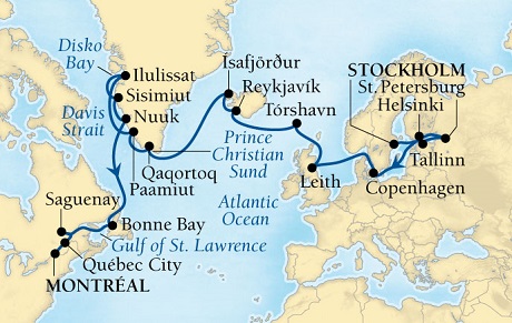 LUXURY CRUISES - Penthouse, Veranda, Balconies, Windows and Suites Seabourn Quest Cruise Map Detail Stockholm, Sweden to Montreal, Quebec, CA August 1 September 1 2027 - 31 Days - Voyage 6539A