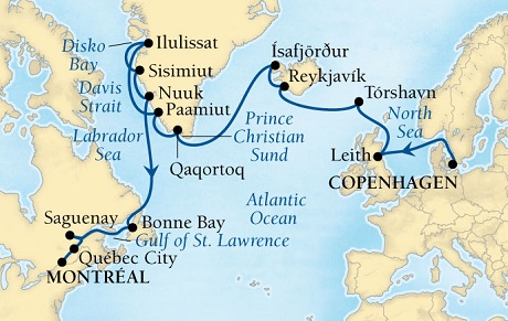 LUXURY CRUISES - Penthouse, Veranda, Balconies, Windows and Suites Seabourn Quest Cruise Map Detail Copenhagen, Denmark to Montreal, Quebec, CA August 8 September 1 2027 - 24 Days - Voyage 6540