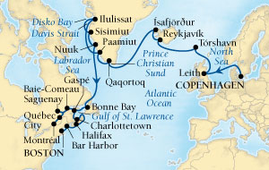 LUXURY CRUISES - Penthouse, Veranda, Balconies, Windows and Suites Seabourn Quest Cruise Map Detail Copenhagen, Denmark to Boston, Massachusetts, US August 8 September 11 2027 - 34 Days - Voyage 6540A