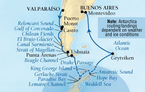 LUXURY CRUISES - Penthouse, Veranda, Balconies, Windows and Suites Seabourn Quest Cruise Map Detail Valparaiso (Santiago), Chile to Buenos Aires, Argentina December 20 2027 January 13 2028 - 24 Days - Voyage 6561