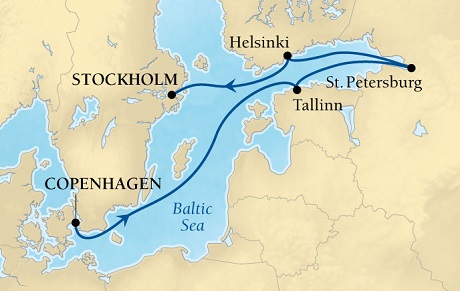LUXURY CRUISES - Penthouse, Veranda, Balconies, Windows and Suites Seabourn Quest Cruise Map Detail Copenhagen, Denmark to Stockholm, Sweden July 25 August 1 2027 - 7 Days - Voyage 6538