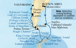LUXURY CRUISES - Penthouse, Veranda, Balconies, Windows and Suites Seabourn Quest Cruise Map Detail Buenos Aires, Argentina to Valparaiso (Santiago), Chile November 29 December 20 2027 - 21 Days - Voyage 6560