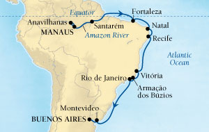 LUXURY CRUISES - Penthouse, Veranda, Balconies, Windows and Suites Seabourn Quest Cruise Map Detail Manaus, Brazil to Buenos Aires, Argentina November 9-29 2027 - 20 Days - Voyage 6555