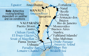 LUXURY CRUISES - Penthouse, Veranda, Balconies, Windows and Suites Seabourn Quest Cruise Map Detail Manaus, Brazil to Valparaiso (Santiago), Chile November 9 December 20 2027 - 41 Days - Voyage 6555A