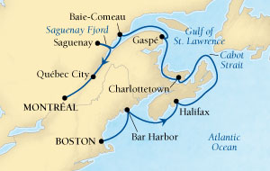 Cruises Around The World Seabourn Quest Cruise Map Detail Boston, Massachusetts, US to Montreal, Quebec, CA October 1-11 2024 - 10 Days - Voyage 6548
