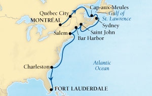 Seabourn Quest Cruise Map Detail Montreal, Quebec, CA to Fort Lauderdale, Florida, US October 11-25 2015 - 14 Days - Voyage 6549