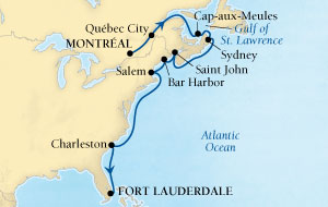 LUXURY CRUISES - Penthouse, Veranda, Balconies, Windows and Suites Seabourn Quest Cruise Map Detail Montreal, Quebec, CA to Fort Lauderdale, Florida, US October 11-25 2027 - 14 Days - Voyage 6549