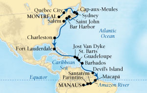 LUXURY CRUISES - Penthouse, Veranda, Balconies, Windows and Suites Seabourn Quest Cruise Map Detail Montreal, Quebec, CA to Manaus, Brazil October 11 November 9 2027 - 29 Days - Voyage 6549A