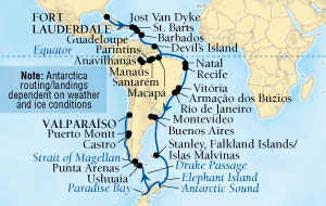 LUXURY CRUISES - Penthouse, Veranda, Balconies, Windows and Suites Seabourn Quest Cruise Map Detail Fort Lauderdale, Florida, US to Valparaiso (Santiago), Chile October 25 December 20 2027 - 56 Days - Voyage 6554B
