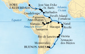 LUXURY CRUISES - Penthouse, Veranda, Balconies, Windows and Suites Seabourn Quest Cruise Map Detail Fort Lauderdale, Florida, US to Buenos Aires, Argentina October 25 November 29 2021 - 35 Days - Voyage 6554A