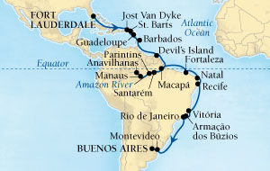 LUXURY CRUISES - Penthouse, Veranda, Balconies, Windows and Suites Seabourn Quest Cruise Map Detail Fort Lauderdale, Florida, US to Buenos Aires, Argentina October 25 November 29 2027 - 35 Days - Voyage 6554A