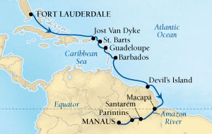 LUXURY CRUISES - Penthouse, Veranda, Balconies, Windows and Suites Seabourn Quest Cruise Map Detail Fort Lauderdale, Florida, US to Manaus, Brazil October 25 November 9 2027 - 15 Days - Voyage 6554
