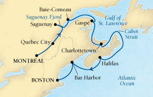 LUXURY CRUISES - Penthouse, Veranda, Balconies, Windows and Suites Seabourn Quest Cruise Map Detail Montreal, Quebec, CA to Boston, Massachusetts, US September 1-11 2027 - 10 Days - Voyage 6545