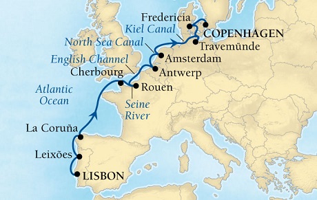 LUXURY CRUISES - Penthouse, Veranda, Balconies, Windows and Suites Seabourn Quest Cruise Map Detail Lisbon, Portugal to Copenhagen, Denmark April 30 May 14 2022 - 14 Days - Voyage 6623