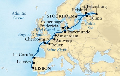 Cruises Around The World Seabourn Quest Cruise Map Detail Lisbon, Portugal to Stockholm, Sweden April 30 May 21 2025 - 21 Days - Voyage 6623A